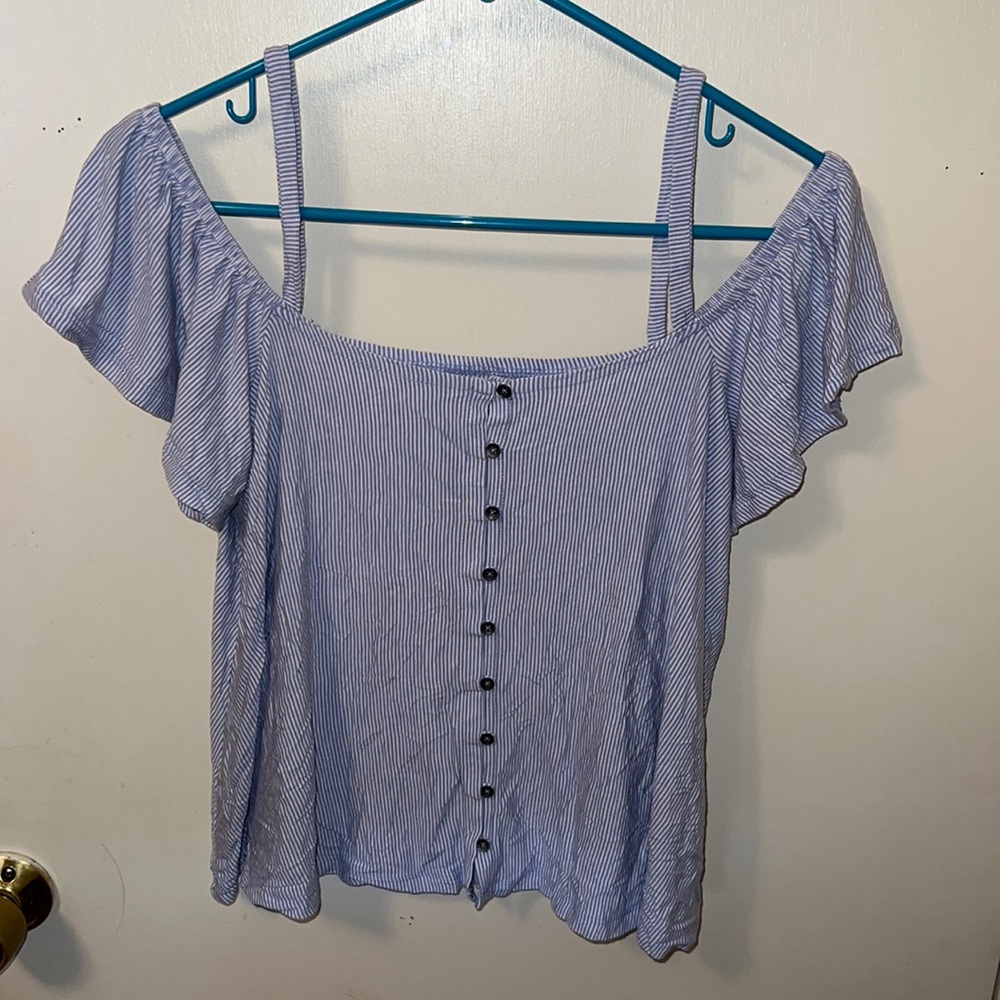 Blue and white stripped off the should top
